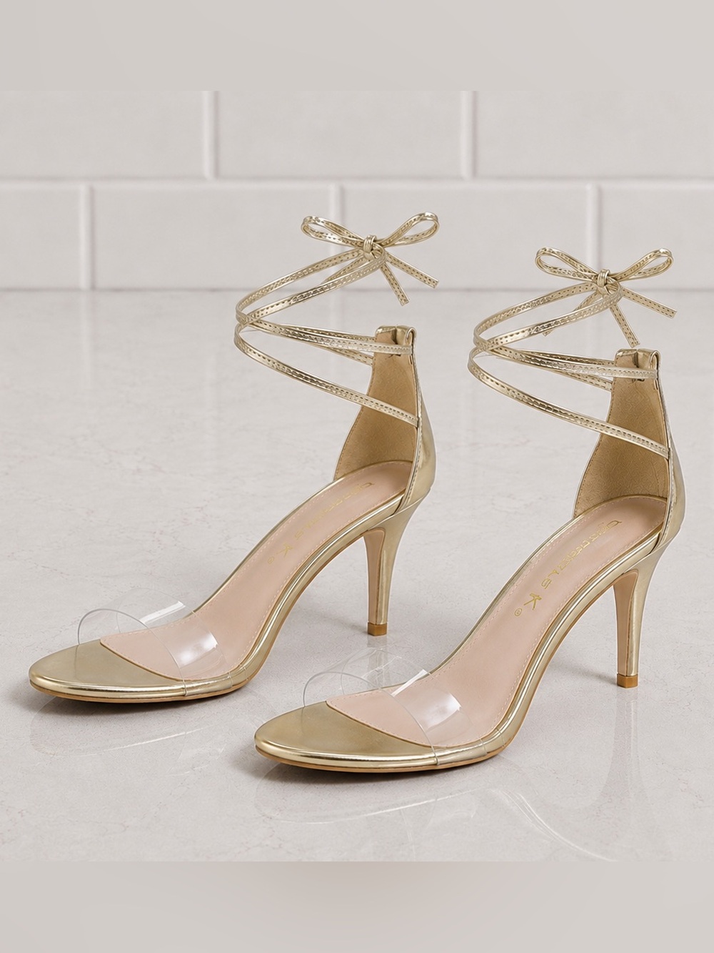 NEW Allegra K Women's Sandals Stiletto Heels Lace up Sandals Gold, 7.5